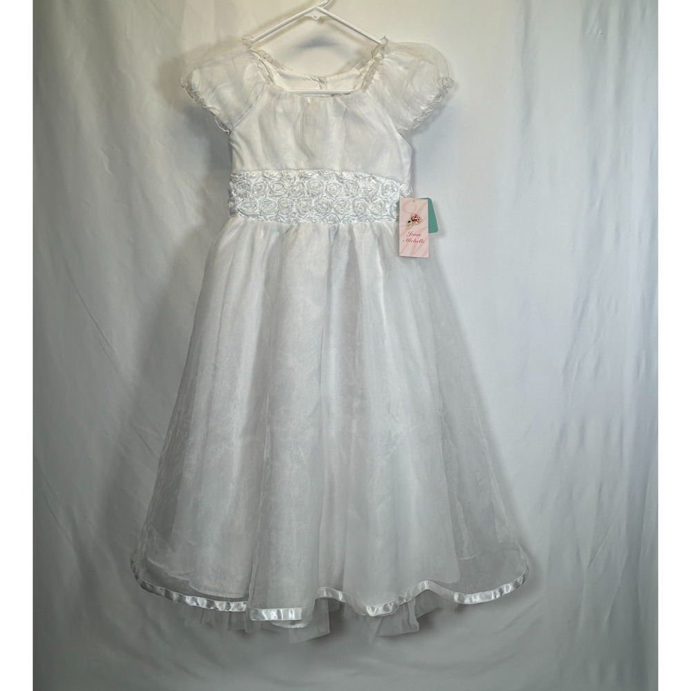 Jona Michelle Girls 8 White Formal Dress Wedding Flower Communion Tulle Roses
